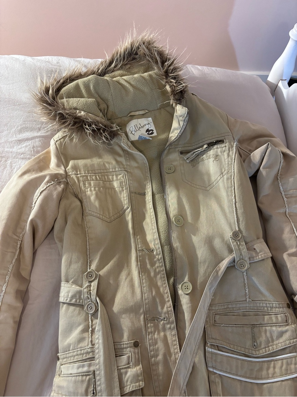 Vintage Billabong Beige Hooded Faux-Fur Trim Utility Coat